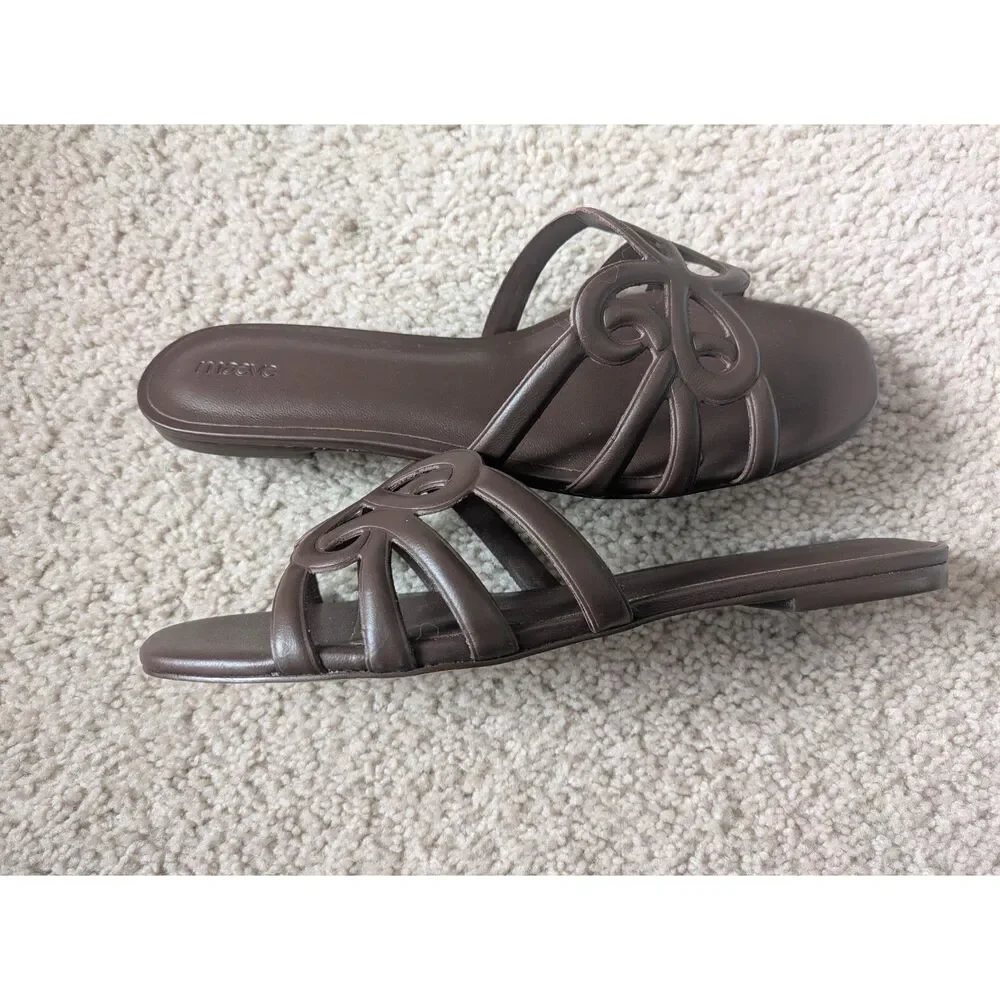 NIB Maeve Anthropologie Logo Dark Brown Leather Slide Sandals Sz 9 - Picture 4 of 10